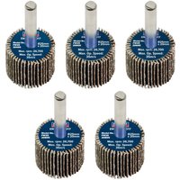 Sealey abrasive flap wheels, pack of 5, 25x20mm size, 6mm shaft, assorted grit, blue center with metal shaft.