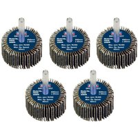Pack of five Sealey abrasive flap wheels, 40mm diameter, 80 grit, with blue centers and 6mm shafts.