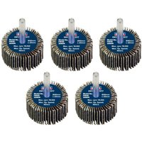 Sealey abrasive flap wheels, 40x20mm, 6mm shaft, assorted grit, pack of 5, blue center with radial sandpaper flaps.