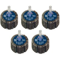Sealey abrasive flap wheels, 40mm diameter, 30mm width, 40 grit, with 6mm shafts, pack of 5, blue centers.