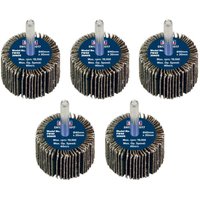 Pack of five Sealey abrasive flap wheels, 40mm diameter, 30mm width, 60 grit, with 6mm shaft, blue center label.