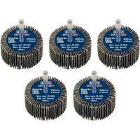 Pack of five Sealey abrasive flap wheels, 50mm diameter, 25mm width, 60 grit, with 6mm shafts and blue center labels.