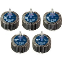 Pack of five Sealey abrasive flap wheels, 60mm diameter, 30mm width, 60 grit, with 6mm shafts, blue center labels.
