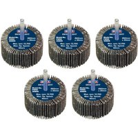 Sealey abrasive flap wheels, 60mm diameter, 30mm width, 80 grit, with 6mm shafts, pack of 5, blue center labels.