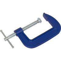 Blue Sealey G Clamp with silver screw handle and flat swivel pad for secure clamping.