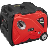 Red and black Sealey G3500I 4 Stroke Petrol Inverter Generator with handle and wheels, 3500W power capacity.