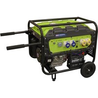 Green Sealey G5501 petrol generator with black frame, dual handles, wheels, and multiple power outlets.