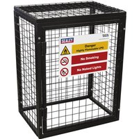 Black metal Sealey gas cylinder safety cage with wire mesh sides and warning signs on the front panel.