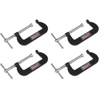 Black Sealey GCC02 Junior C-Clamp set, 4 pieces, each with a silver screw and handle, 76mm x 35mm size.