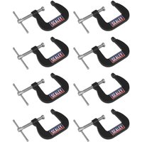 Black Sealey GCC05 Junior C-Clamp set, 8 pieces, 28mm x 28mm, with silver screw handles and red Sealey logo.