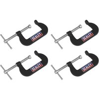 Black Sealey GCC06 Junior C-Clamp set, 4 pieces, 51mm x 32mm, with silver screws and Sealey logo on each clamp.