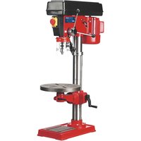 Red Sealey GDM120B bench pillar drill with 16 speed settings, adjustable table, and black motor housing.