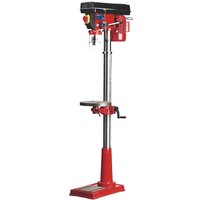 Red Sealey GDM140F floor pillar drill with 12-speed settings, adjustable table, and sturdy base.
