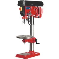 Red Sealey GDM150B bench pillar drill with 16 speeds, black motor housing, adjustable table, and safety switch.