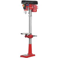 Red Sealey floor pillar drill with 16 speeds, metal base, adjustable worktable, and black motor housing.