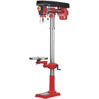 Red and silver Sealey GDM1630FR radial floor drill with adjustable table and five-speed settings.