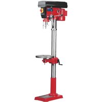 Red and silver Sealey GDM200F floor pillar drill with 16 speed settings and adjustable worktable.