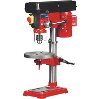Red and black Sealey GDM50B 5-speed bench pillar drill with adjustable table and sturdy base.
