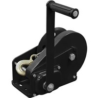 "Black Sealey geared hand winch with brake, cable, and ergonomic handle on a sturdy metal frame"