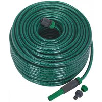 Green Sealey GH80R water hose 80M coiled with black and green fittings attached.