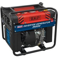 Red and black Sealey petrol inverter generator, 4.3kva, with protective frame and visible engine components.