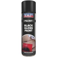 Sealey black gloss aerosol spray paint can with red and blue logo, black cap, and product details on label.