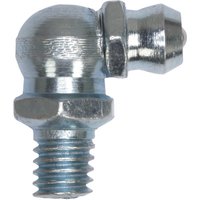 Silver Sealey grease nipple 90° M6 x 1mm with hexagonal base and threaded end.