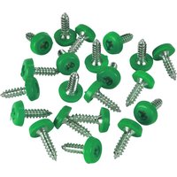 Green plastic enclosed head number plate screws with silver metal threads.