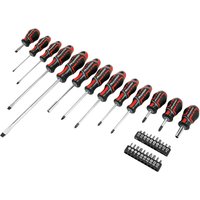 Sealey Gripmax 33 Piece Screwdriver and Bit Set with red and black ergonomic handles and chrome shafts.
