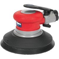 Red and black Sealey air palm random orbital disc sander with ergonomic handle and 150mm sanding pad.