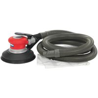 Red and black Sealey air palm random orbital disc sander with hose attachment, 150mm sanding pad.