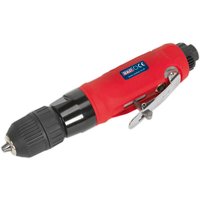 Red and black Sealey straight air drill with 10mm keyless chuck and side lever.