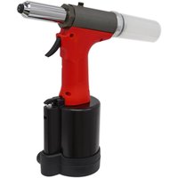 Red and black Sealey GSA312 air riveter with a silver nozzle and transparent catchment bottle.