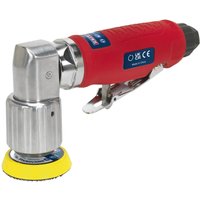 Red Sealey mini orbital air disc sander with silver metal head, black grip, and yellow 50mm sanding pad.
