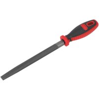 Half round engineers file with black and red ergonomic handle, textured metal file surface by Sealey.