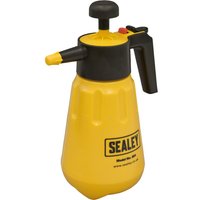 Yellow Sealey hand water pressure sprayer with black handle, nozzle, and pump top.