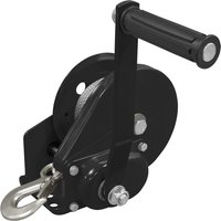"Black Sealey hand winch with automatic brake, steel cable, and ergonomic handle, featuring a sturdy hook attachment"