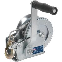 Sealey hardened steel hand winch with black handle, gear mechanism, and attached cable with hook.