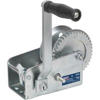 Sealey hardened steel hand winch with manual brake, black handle, and visible gears in a silver finish.