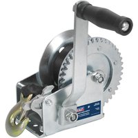 Sealey hardened steel hand winch with black webbing strap, ergonomic black handle, and sturdy metal hook.