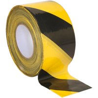Yellow and black striped Sealey Hazard Warning Barrier Tape roll with glossy finish.