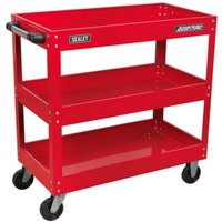 Red Sealey heavy-duty trolley with three shelves, black handle, and four swivel caster wheels.