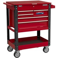 Red Sealey 5 drawer tool trolley with black frame, side handle, and four caster wheels.
