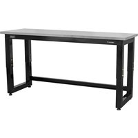 "Stainless steel workbench with black adjustable legs and flat worktop, designed for heavy-duty tasks by Sealey"