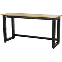 Sealey heavy duty workbench with adjustable black metal frame and wooden worktop.