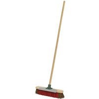 Sealey heavy duty broom with red hard bristles, wooden handle, and integrated scraper.