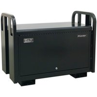 Black Sealey heavy duty jobsite tool box with side handles and secure front latch.