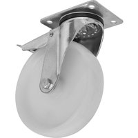Heavy duty nylon castor wheel with swivel and total lock, featuring a metal mounting plate and durable design.