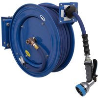 Blue Sealey heavy-duty retractable wall-mounted hose reel with black handle and nozzle.