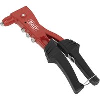 Red Sealey Heavy Duty Riveter with black ergonomic grips and four silver rivet nozzles.